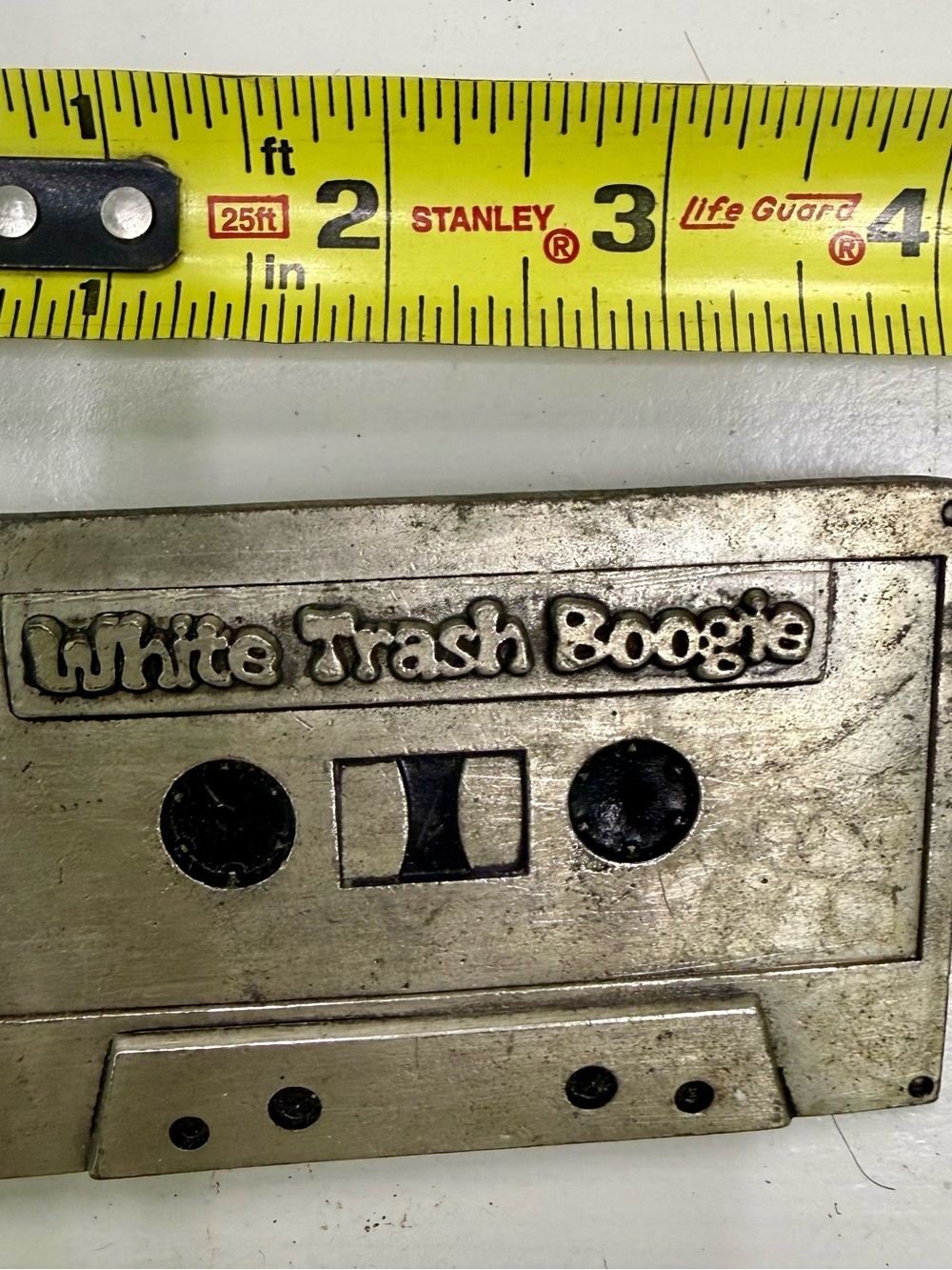 Metal Silver Cassette-Style WHITE TRASH BOOGIE Belt Buckle